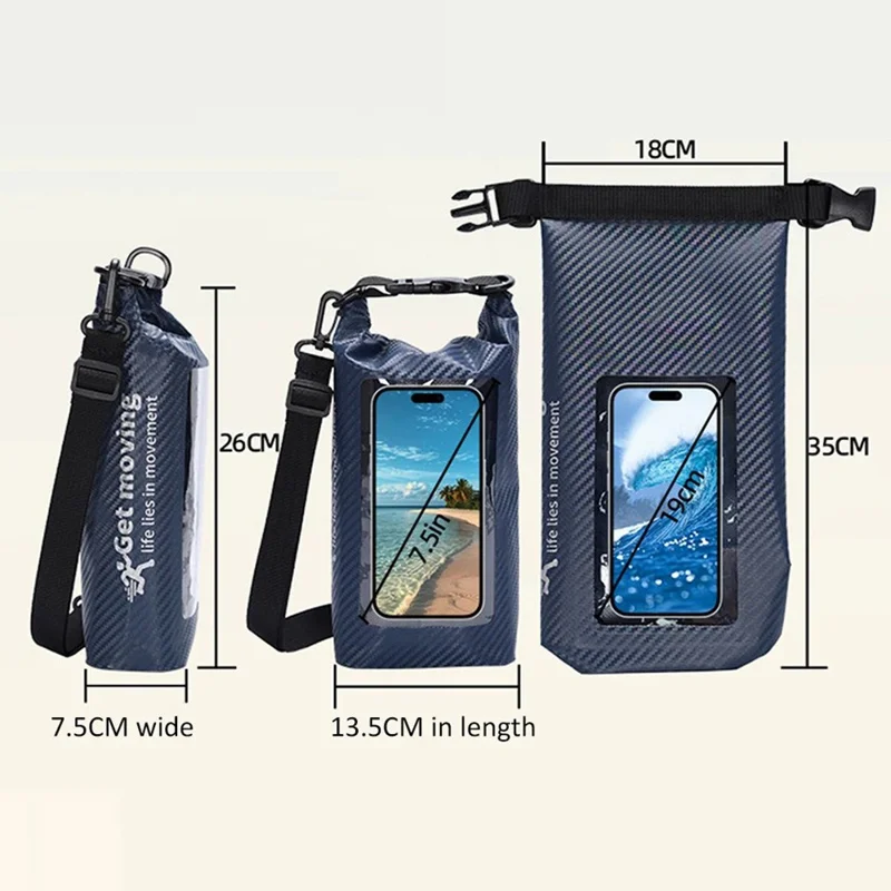 2L Carbon Fiber Waterproof Dry Bag Touch Screen PVC Clear Window Roll Top Swimming Phone Storage Bag - White