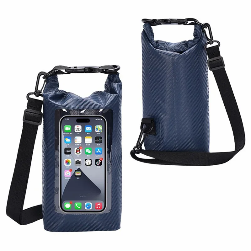 5L Carbon Fiber Waterproof Dry Bag Touch Screen PVC Clear Window Roll Top Swimming Phone Storage Bag - Sapphire