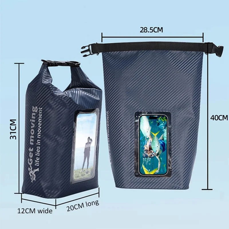 5L Carbon Fiber Waterproof Dry Bag Touch Screen PVC Clear Window Roll Top Swimming Phone Storage Bag - Sapphire