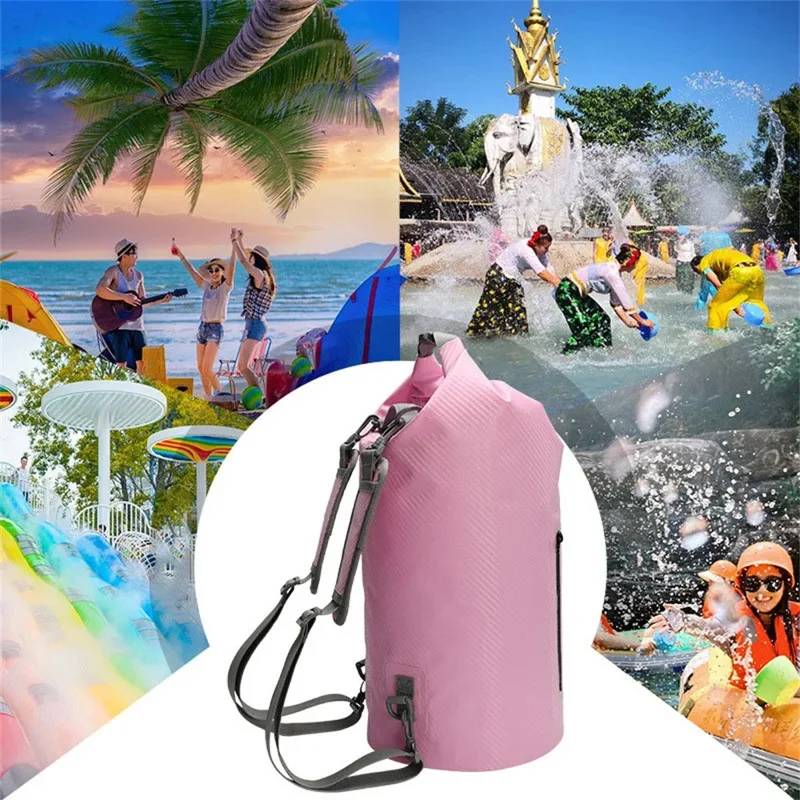 10L Carbon Fiber Texture Waterproof Dry Bag Beach Swim Drifting Outdoor Barrel Bag with Dual Shoulder Strap - Baby Blue