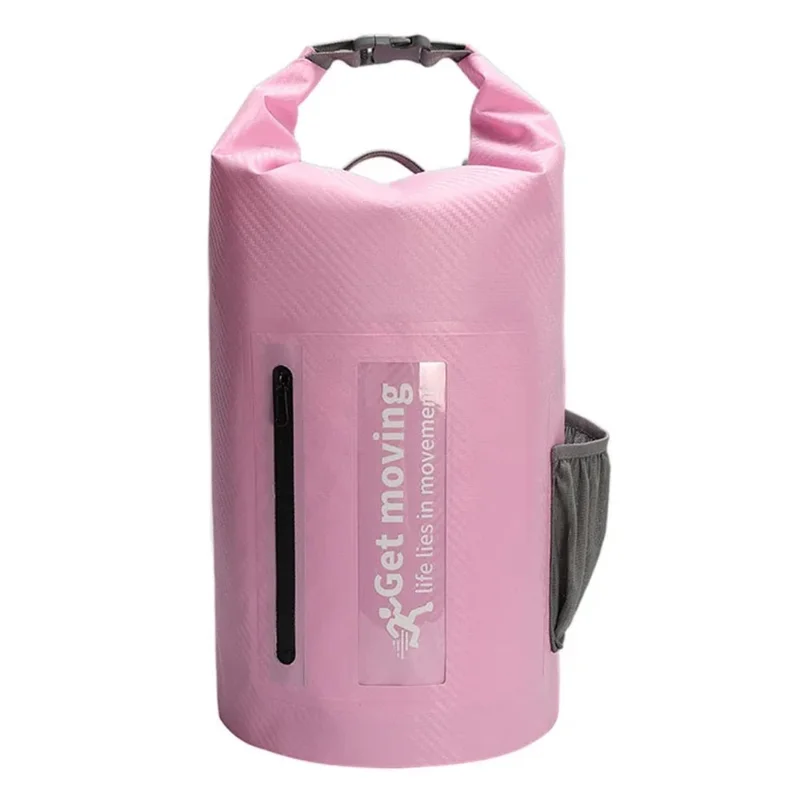 20L Carbon Fiber Texture Waterproof Dry Bag Beach Swim Drifting Outdoor Barrel Bag with Dual Shoulder Strap - Light Pink