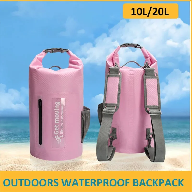 20L Carbon Fiber Texture Waterproof Dry Bag Beach Swim Drifting Outdoor Barrel Bag with Dual Shoulder Strap - Light Pink