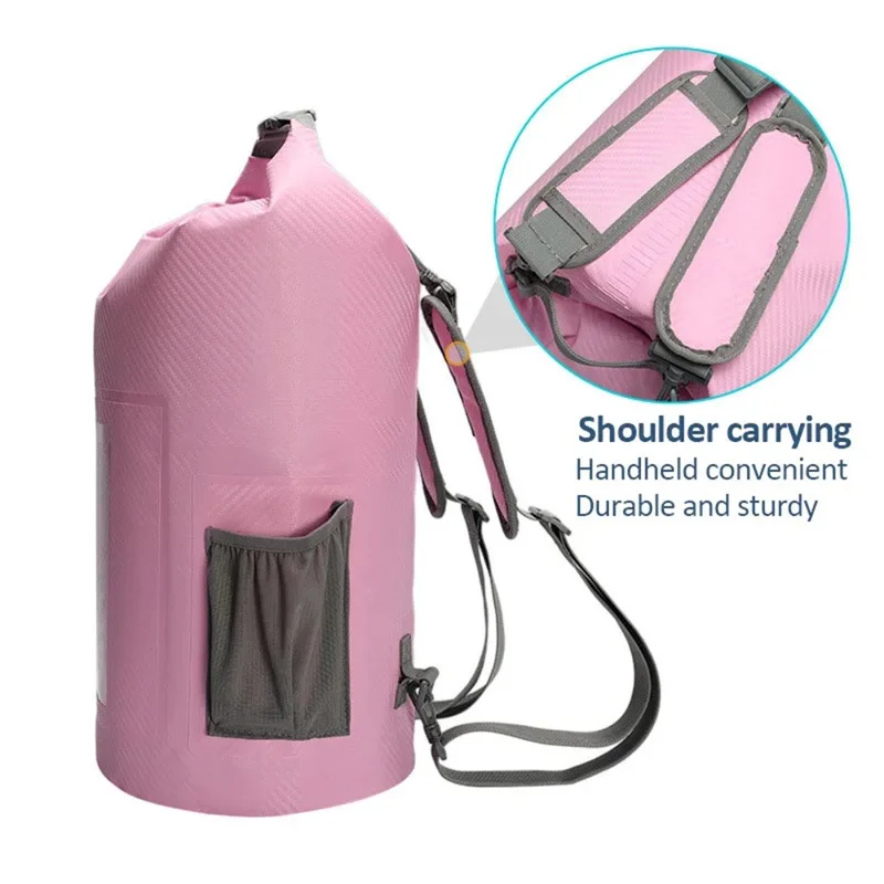 20L Carbon Fiber Texture Waterproof Dry Bag Beach Swim Drifting Outdoor Barrel Bag with Dual Shoulder Strap - Light Pink