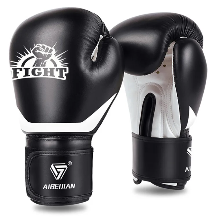 AIBEIJIAN 12oz Adult PU Mitts for Muay Thai MMA Training Workout Kickboxing Sports Boxing Gloves - Black