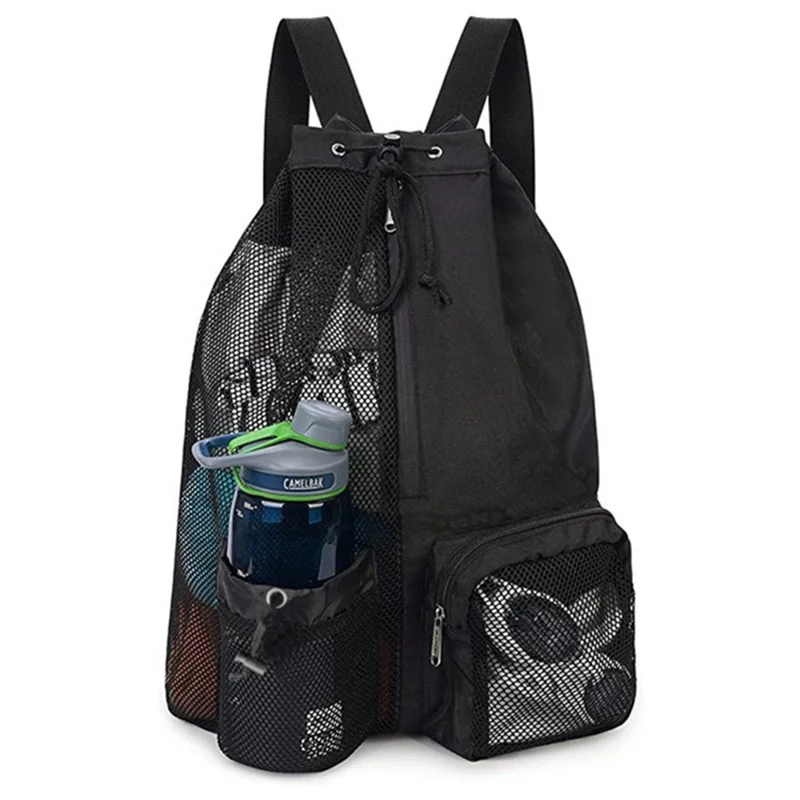 Drawstring Mesh Swimming Bag Wet Dry Separation Gym Beach Sports Gear Backpack with Water Bottle Holder - Black