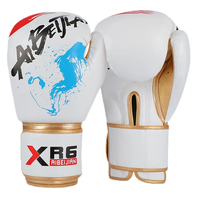 AIBEIJIAN 12oz Adult PU Leather Boxing Gloves Breathable Muay Thai Kickboxing Training Mitts - White
