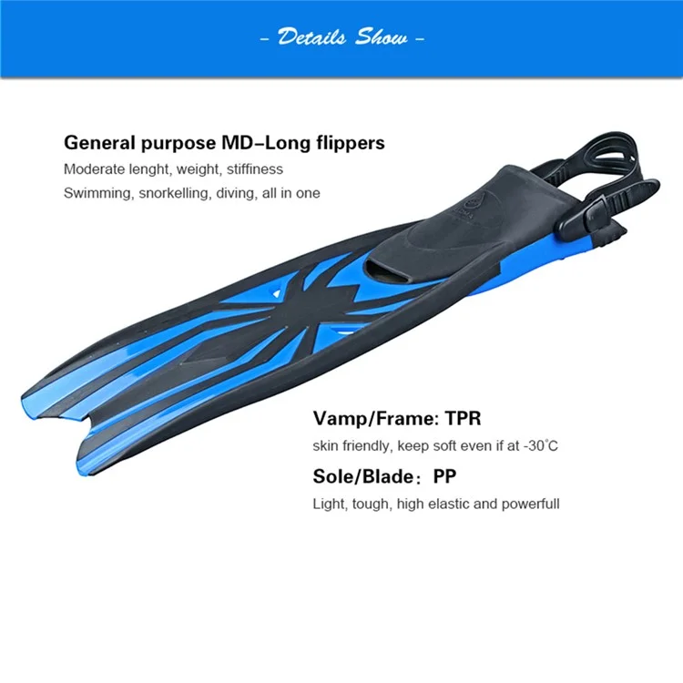 AF700-PVC 1 Paire de palmes longues pour la plongée en apnée Palmes de plongée en canard PVC Sangle TPR Palmes pour la plongée sous-marine en eaux profondes - Taille L / XL 43-46 - Bleu