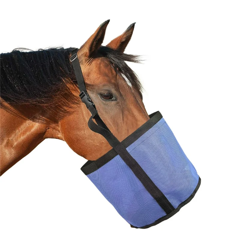 Borsa Porta Mangime per Cavalli Regolabile in PVC a Rete Anti-Spargimento per Esterno - Blu
