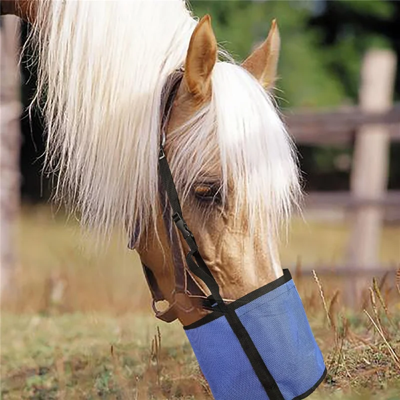 Borsa Porta Mangime per Cavalli Regolabile in PVC a Rete Anti-Spargimento per Esterno - Blu