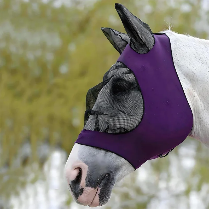 Máscara Anti-Mosca para Cavalo com Design de Malha Ajustável e Elástica, Proteção contra Insetos e Protetor UV Respirável - Azul