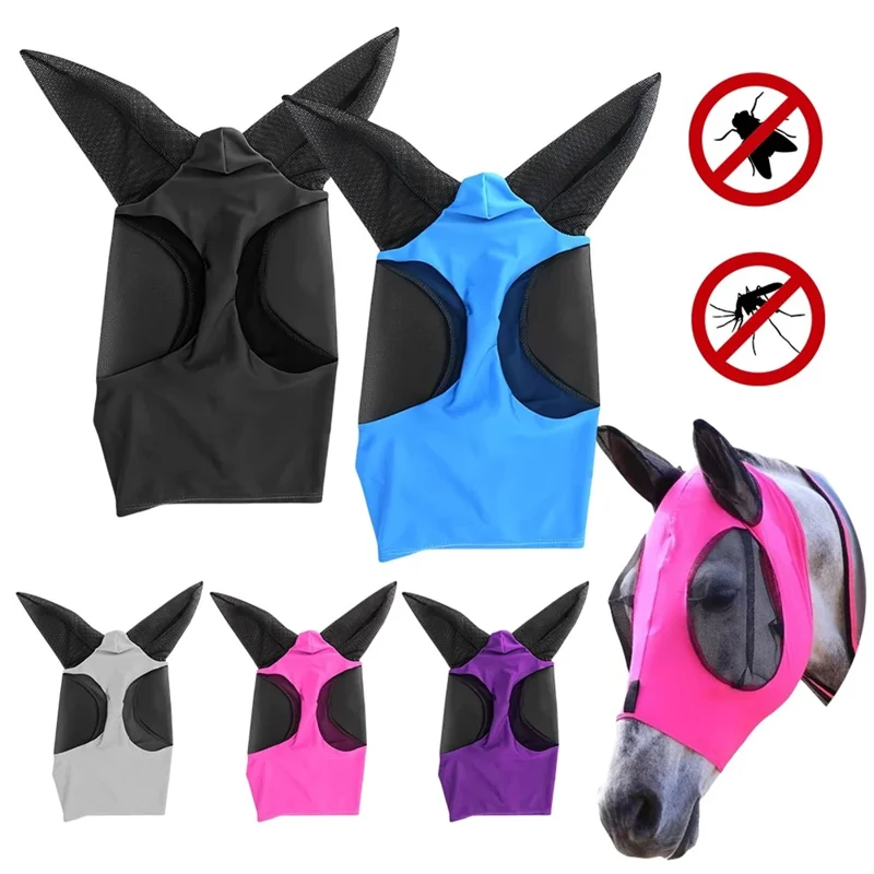 Máscara Anti-Mosca para Cavalo com Design de Malha Ajustável e Elástica, Proteção contra Insetos e Protetor UV Respirável - Azul