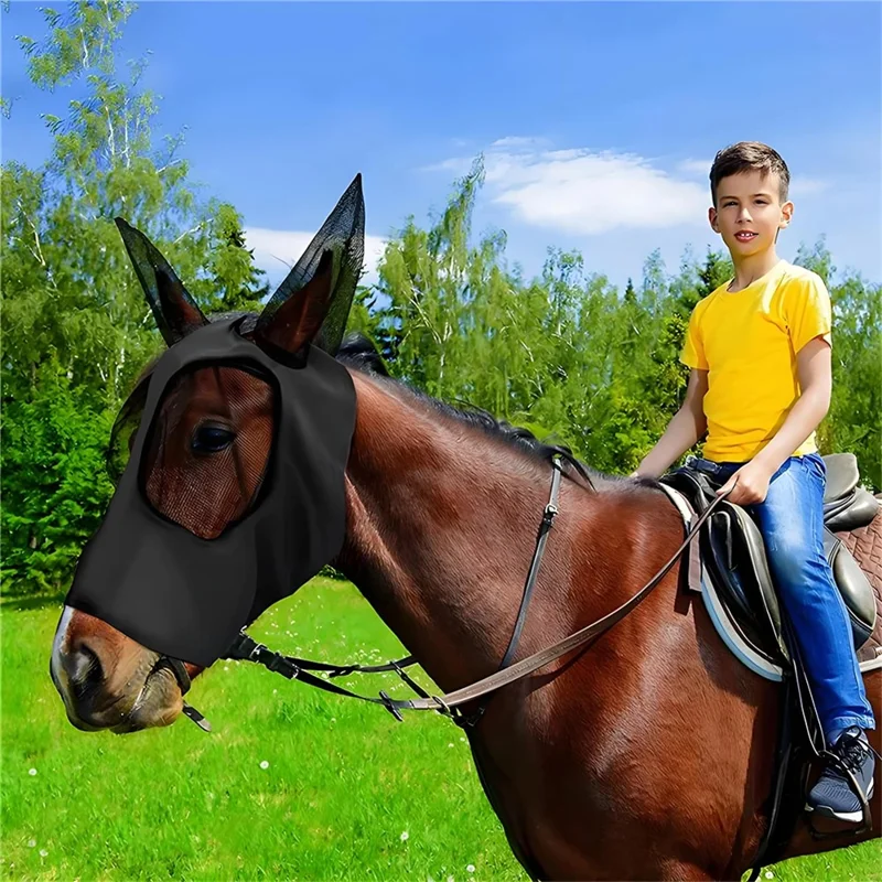 Máscara Anti-Mosca para Cavalo com Design de Malha Ajustável e Elástica, Proteção contra Insetos e Protetor UV Respirável - Azul