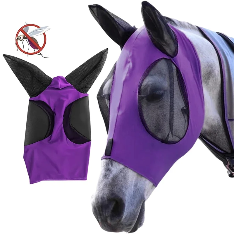 Máscara Anti-Mosca para Cavalo com Design de Malha Ajustável e Elástica, Proteção contra Insetos e Protetor UV Respirável - Azul