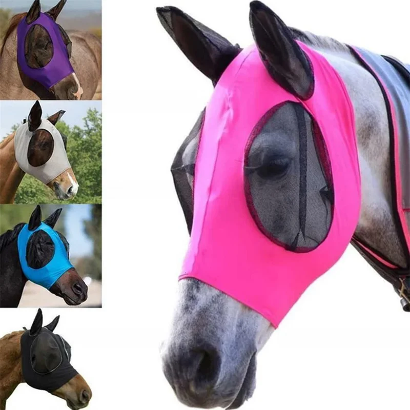 Máscara Anti-Mosca para Cavalo com Design de Malha Ajustável e Elástica, Proteção contra Insetos e Protetor UV Respirável - Azul