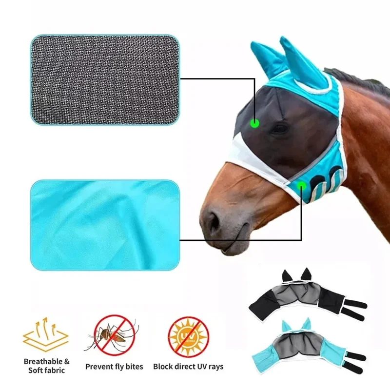 Masque anti-moustiques et mouches respirant pour cheval, taille L, avec sangle à bande magique - Noir