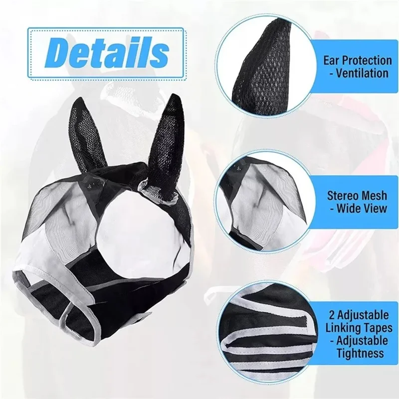 Masque anti-moustiques et mouches respirant pour cheval, taille L, avec sangle à bande magique - Noir