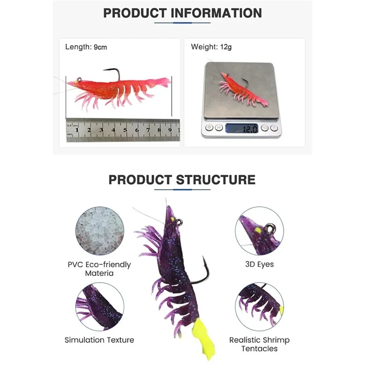 8cm Luminous Lead Coating Shrimp Lure 8g Soft Bait Fishing Tackle with Hook - 5