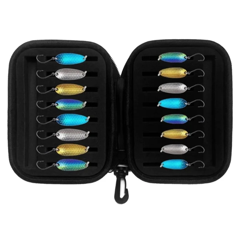 16Pcs 1.5g / 2.5g / 3.5g / 5g Fishing Trout Spoon Set Dragon Scales Design Artificial Bait Spinner Spoons with Storage Bag