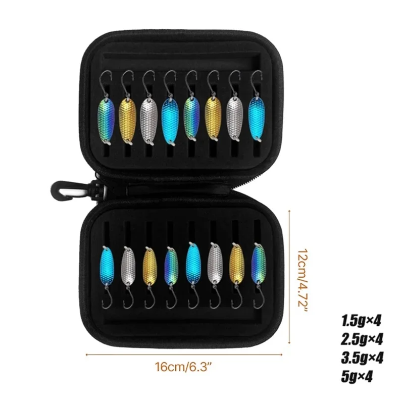16Pcs 1.5g / 2.5g / 3.5g / 5g Fishing Trout Spoon Set Dragon Scales Design Artificial Bait Spinner Spoons with Storage Bag