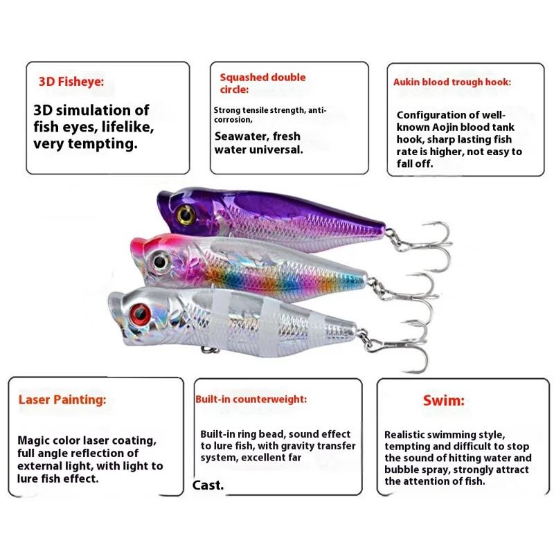 G52F 9.2cm 16.85g Artificiel Plastic Popper Appât Simulé 3D Eyes Laser Pêcheur Avec Crochet - Style 8