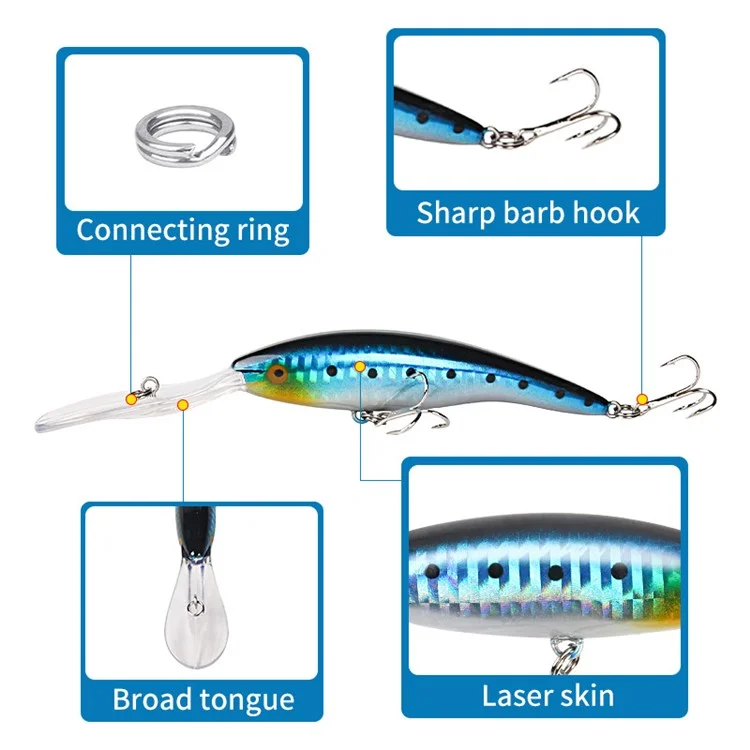 XY-616 15.8cm 14.5g Long Tongue Plate Fishing Lure Double Hook Floating Artificial Bait - Black+Blue