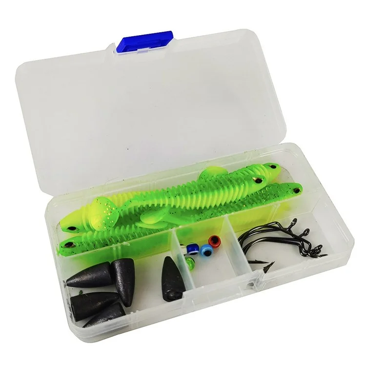 5 Sets 6.5cm 2.5g Soft Worm T-Tail Texas Rig Fishing Lures with Storage Box - Grey+Gold