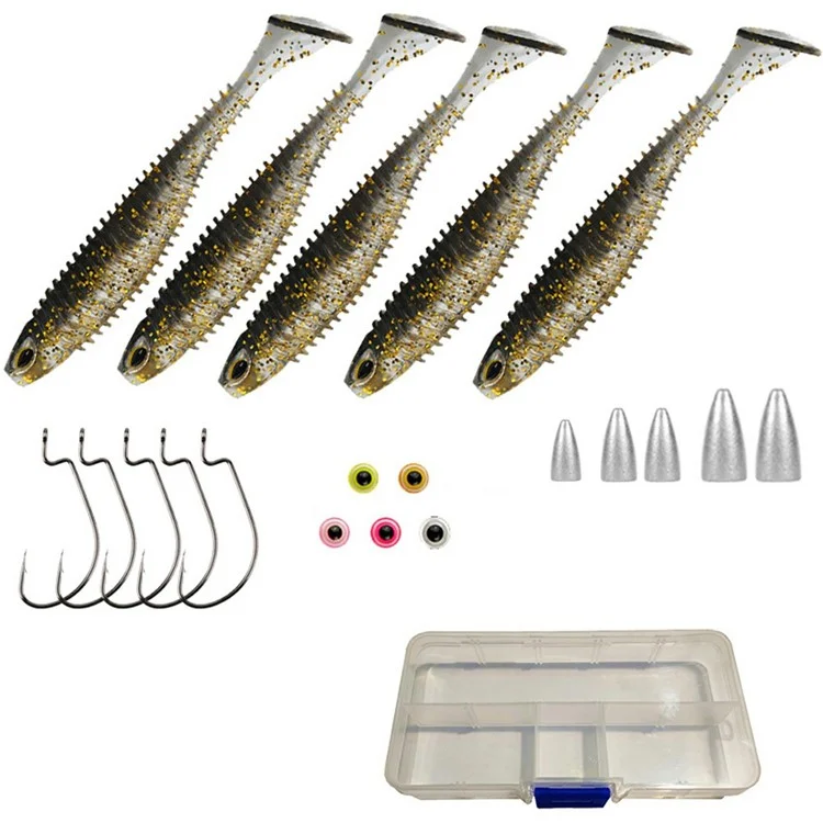 5 Sets 7.5cm 4.8g Soft Worm T-Tail Texas Rig Fishing Lures with Storage Box - Grey+Gold