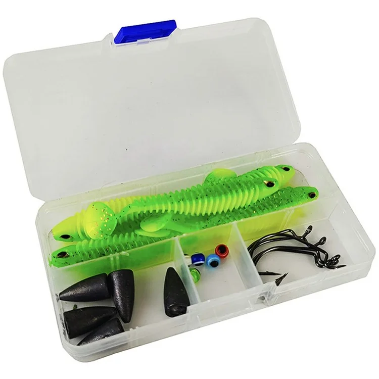 5 Sets 7.5cm 4.8g Soft Worm T-Tail Texas Rig Fishing Lures with Storage Box - Grey+Gold