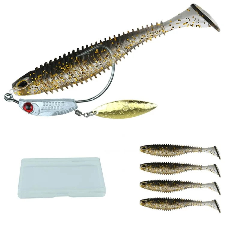 5 Angelköder 9,4 g Bass-Forellen-Weichköder T-Tail-Wurm mit 1 Bleigewicht Pailletten-Spinner-Haken - Schwarz + Gold