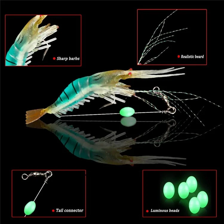 7 pièces d'appâts de crevettes de 9 cm et 6 g avec crochet, leurre souple, lumineux pour la pêche de nuit - Couleurs assorties
