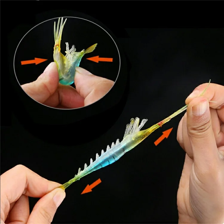 7 pièces d'appâts de crevettes de 9 cm et 6 g avec crochet, leurre souple, lumineux pour la pêche de nuit - Couleurs assorties