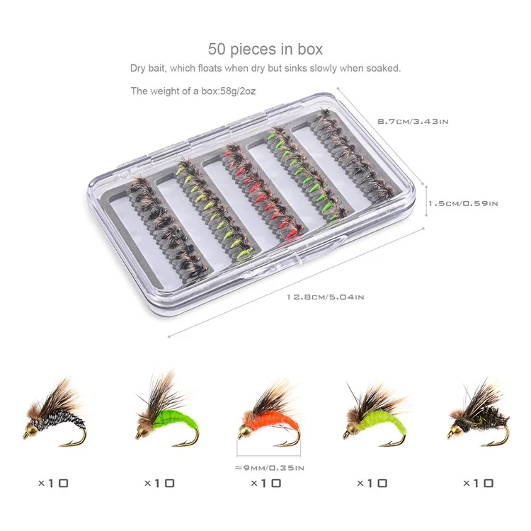 LEO 28254 50Pcs Fly Fishing Lures Kit Artificial Bait for Bass Trout Salmon Fishing Accessories - Insect