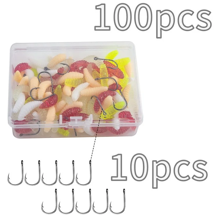 100Pcs Fishing Lures Bread Worms Soft Bait Set Luminous Artificial Maggots With 10 Hooks Storage Box