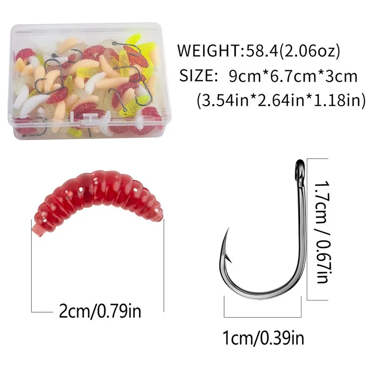 100Pcs Fishing Lures Bread Worms Soft Bait Set Luminous Artificial Maggots With 10 Hooks Storage Box