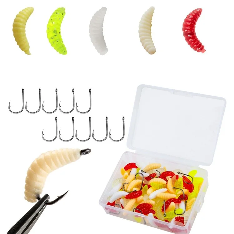 100Pcs Fishing Lures Bread Worms Soft Bait Set Luminous Artificial Maggots With 10 Hooks Storage Box