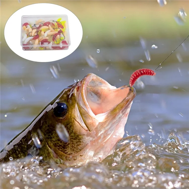 100Pcs Fishing Lures Bread Worms Soft Bait Set Luminous Artificial Maggots With 10 Hooks Storage Box