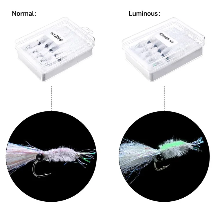LEO 28230 5PCS Luminous Fly Tying Baits Trolling Lures Glow in Dark Ice Silk Shrimp Shape Fishing Lures - Comprimento do Gancho: 21,7 mm