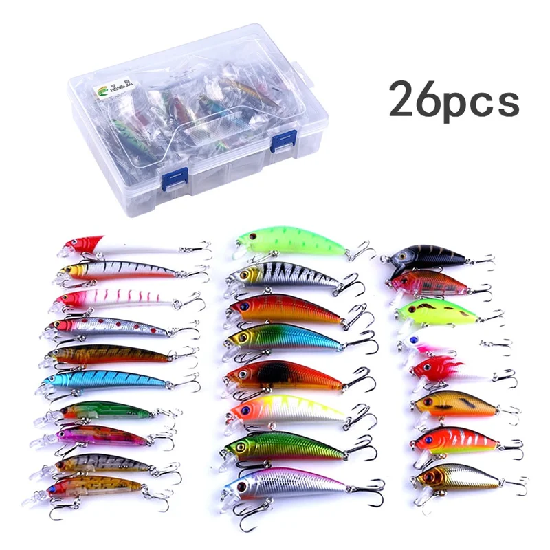 HENGJIA 26Pcs Fishing Lure Freshwater Saltwater Minnow Popper Crankbait Artificial Bait Kit