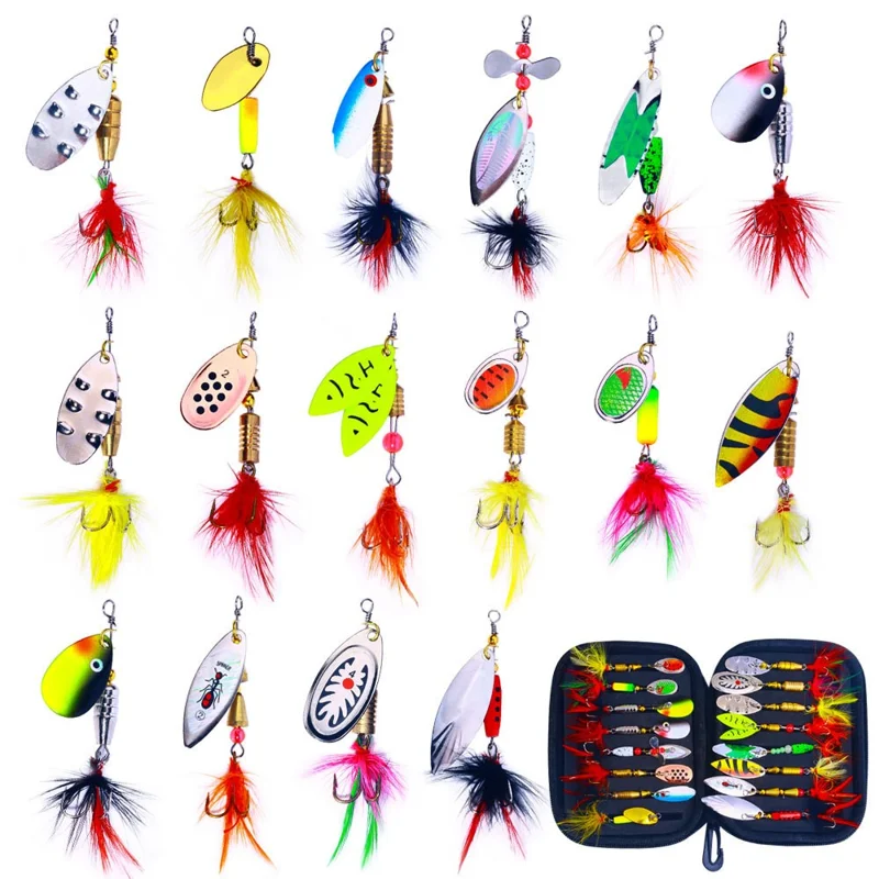 HENGJIA 16Pcs Rotating Spoon Fish Lures Noise Making Sequin Fishing Bait Kit