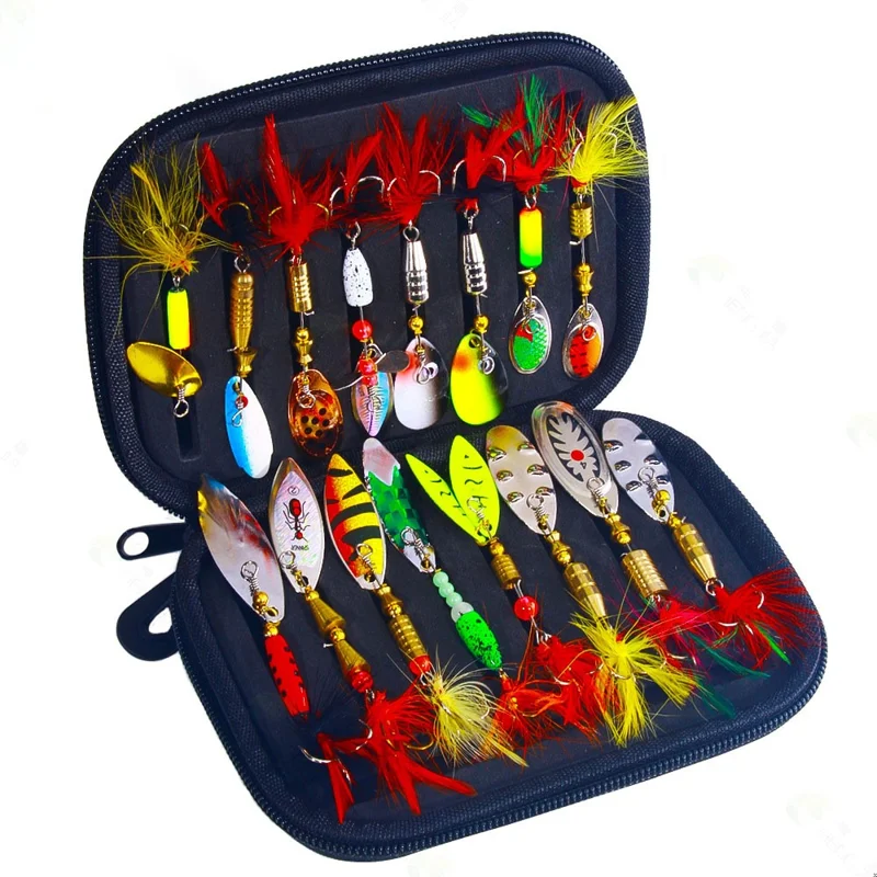 HENGJIA 16Pcs Rotating Spoon Fish Lures Noise Making Sequin Fishing Bait Kit