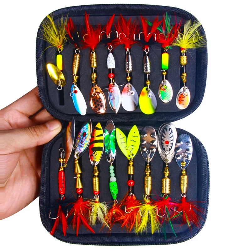 HENGJIA 16Pcs Rotating Spoon Fish Lures Noise Making Sequin Fishing Bait Kit