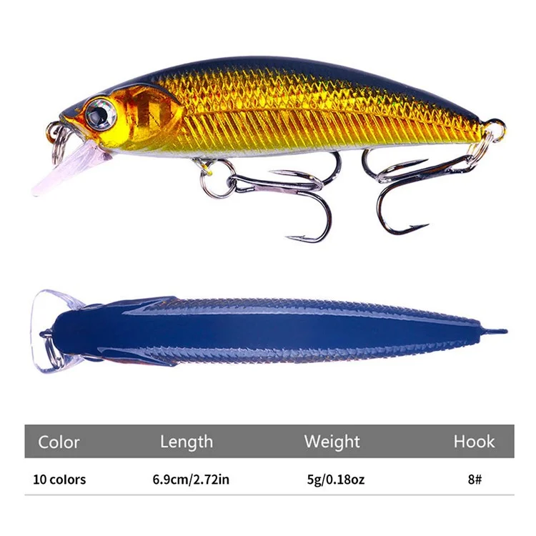 HENGJIA MI161 10 Pezzi Esche Minnow Galleggianti di Colori Misti, 6,9 cm, 5g, Set con Ami Misura 8