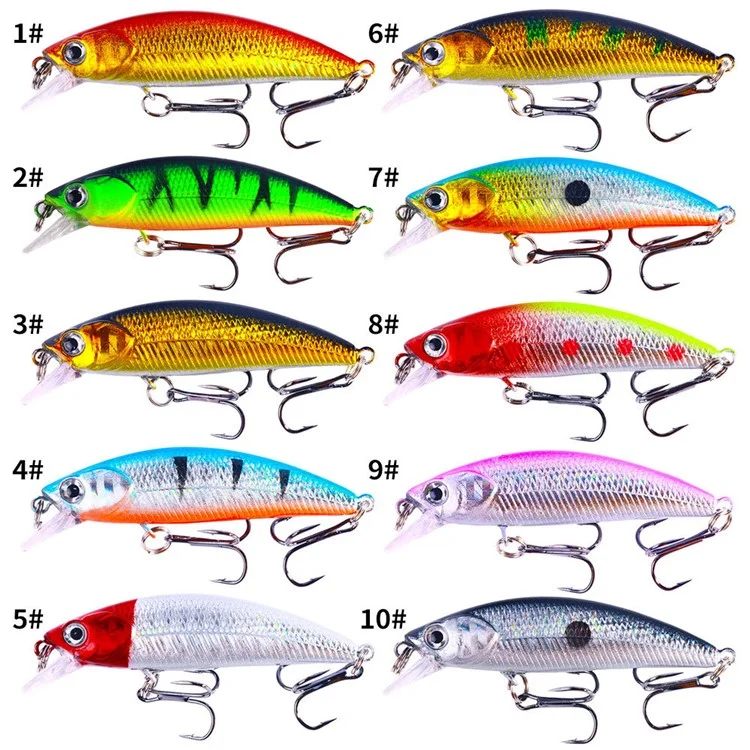 HENGJIA MI161 10 Pezzi Esche Minnow Galleggianti di Colori Misti, 6,9 cm, 5g, Set con Ami Misura 8