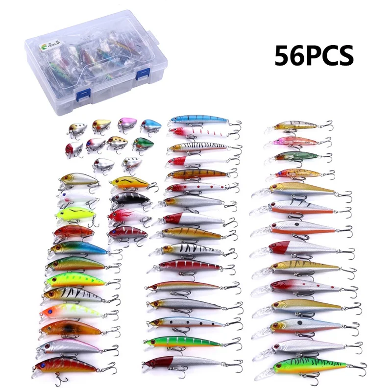 HENGJIA 56Pcs Fishing Lure Long Distance Casting Artificial Fish Bait Kit