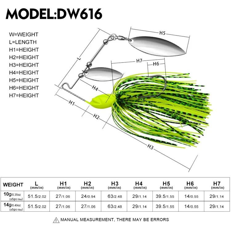 PROBEROS DW616 Leurre Spinnerbait en Alliage de Plomb avec Jupe Anti-Végétation - Appât de Pêche Ultra-Réaliste - Couleur A