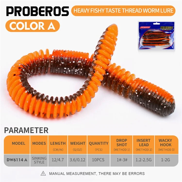 PROBEROS DW6114 10 Unidades de 12cm 3,6g Iscas Flexíveis de PVC em Forma de Minhoca para Pesca - Cor A