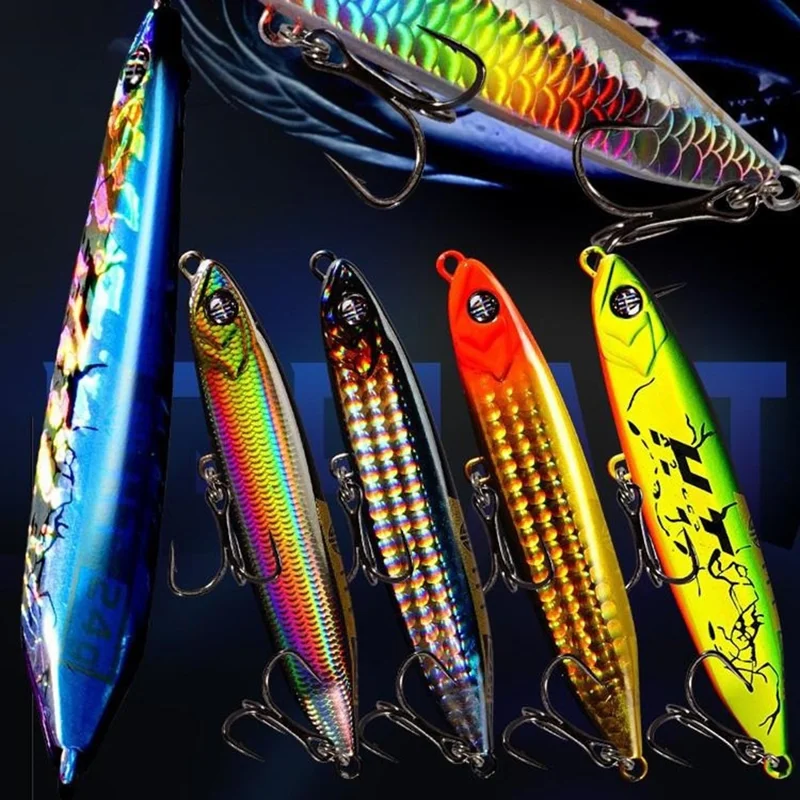 JIGBAIT 14g Señuelo Hundible de Lápiz, Cebo de Pesca Artificial de Largo Alcance con 2 Anzuelos Triples - Oro / Rojo