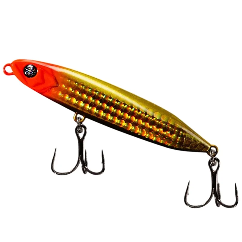 JIGBAIT 16g Señuelo de lápiz hundible para pesca, de largo alcance, con 2 anzuelos triples - Oro / Rojo