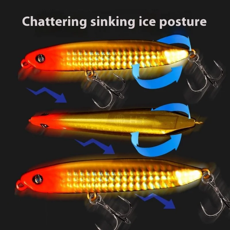 JIGBAIT 16g Señuelo de lápiz hundible para pesca, de largo alcance, con 2 anzuelos triples - Oro / Rojo