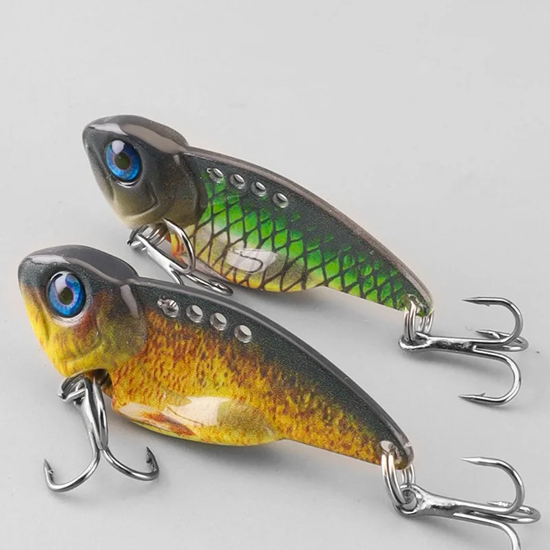 Isca de Pesca VIB 3D de 4cm, 7g, com Olhos de Peixe Realistas, Vibração de Metal Rígido com Anzóis Triplos - Preto/Verde